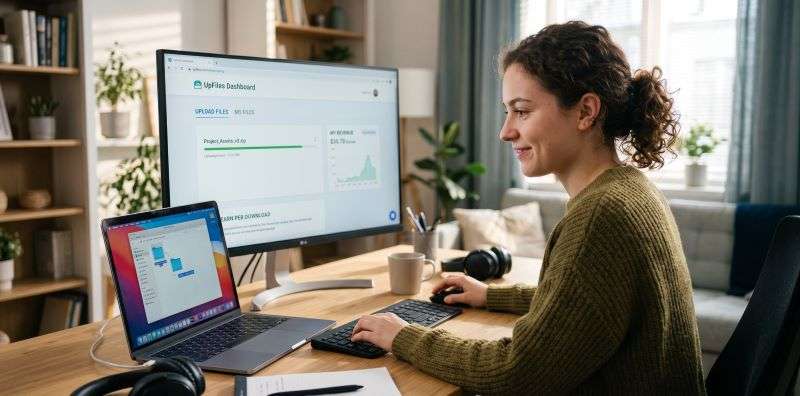 Upfiles. Mujer sonriente trabajando frente a un ordenador portátil y un monitor de sobremesa en su escritorio