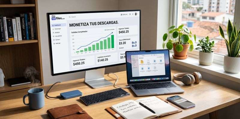 Upfiles: Escritorio con un monitor que muestra el panel de upfiles.com con el texto Monetiza tus descargas y gráficos de ganancias